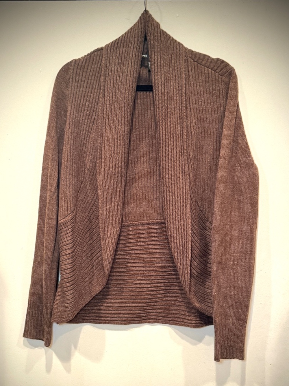 Brown Ribbed Draped Shawl Collar Cardigan Sweater M